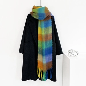 Close-up of rainbow plaid mohair scarf with thick texture and long fringe tassels