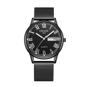 Minimalist black stainless steel quartz watch with Roman numerals and day-date display