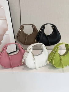 Women Crescent Hobo Bag PU Leather Litchi Grain Underarm Handbag Half Moon Fashionable Solid Color Gold Hardware