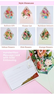 Detail of 3D pop-up greeting cards with gold foil borders and handwritten message cards