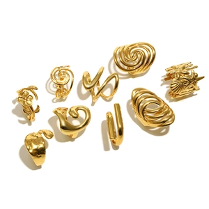 Detailed set of nine 18K gold-plated floral and ocean-themed minimalist open rings