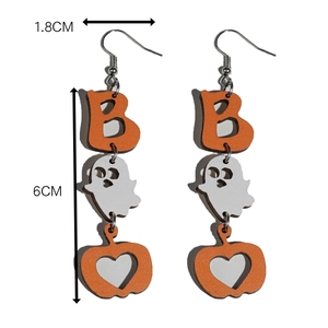 Halloween wooden earrings featuring orange Boo letters with white ghost and pumpkin charms