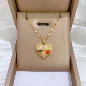 Heart Pendant Necklace Titanium Steel Chain Copper White Red Zircon Inlaid Gold Plated Broken Design Elegant Jewelry Women