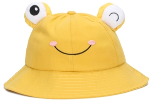 Detailed close-up of yellow cotton frog bucket hat with 3D eyes and smiling embroidery