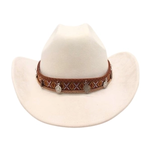 Detail of cream western cowboy hat with ethnic braided band and vintage metal coin charms