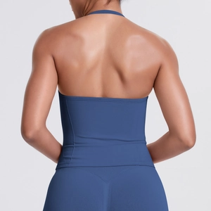 Rear view of blue racerback sports bra and leggings set with high elasticity