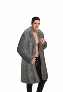 Detailed view of men's long faux fur coat in grey with thick texture and open front design