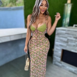 Robe Maxi À Bretelles Spaghetti Imprimé Fleuri Avec Dentelle Verte Col En V Dos Nu À Lacets Taille Haute Sexy Style Urbain Pour Femmes