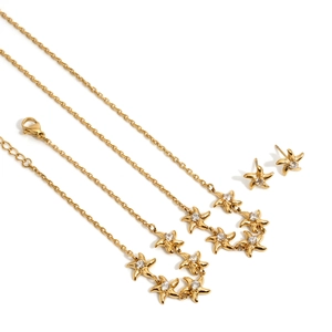 Starfish Stainless Steel Necklace Bracelet Stud Earrings Zircon Inlaid Gold Plated Minimalist Fashion For Women