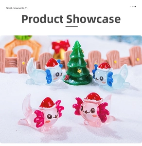 Miniature Christmas axolotls with Santa hats on artificial snow with a small tree