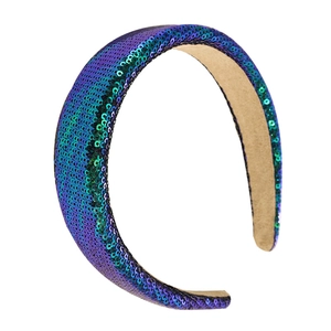Sparkly blue-purple gradient sequin headband with wide band and soft beige inner lining