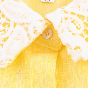Yellow cotton linen dress featuring a delicate white lace Peter Pan collar detail