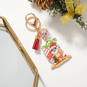 Christmas Santa Claus Surfboard Wooden Keychain Cartoon Printed Key Ring Pendant With Red Tassel And Star Ball Holiday Gift