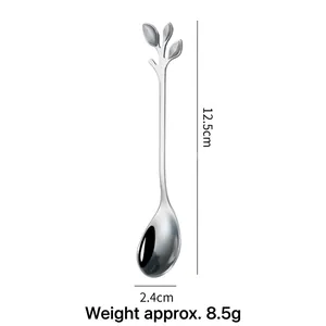 Detail of stainless steel leaf dessert spoon showing 12.5cm length and 2.4cm width
