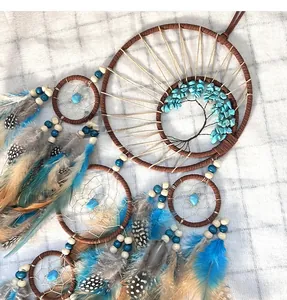 Detailed view of tree of life dreamcatcher with turquoise stones and colorful feathers
