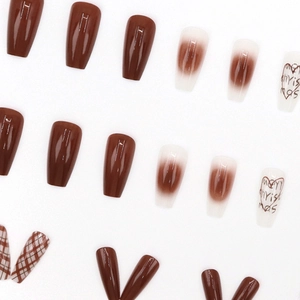Caramel plaid heart press-on nails set with Merry Christmas text and long coffin shape