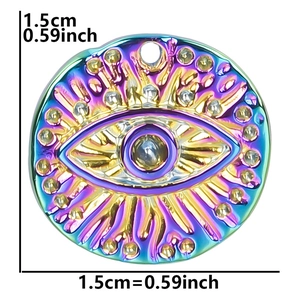 Macro detail of 1.5cm rainbow evil eye pendant with dimensions and gradient finish