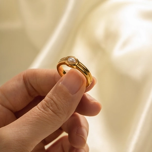 Minimalist double layer 18k gold plated stainless steel ring with elegant pearl detail