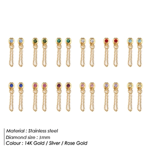 Set of 12 pairs of 14K gold plated stainless steel stud earrings with colorful 3mm zircons