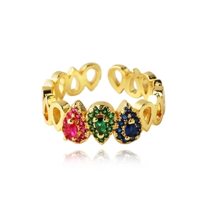 Adjustable 18K gold plated ring with pear-cut red green blue stones and heart cutouts