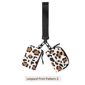 Detail of leopard print wrist pouch with black metal carabiner and durable nylon strap
