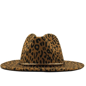 Detailed view of leopard print fedora hat with elegant gold metallic band decoration