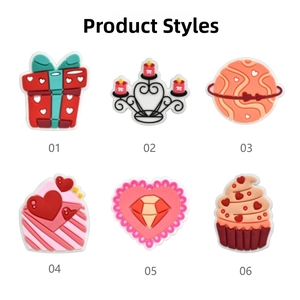 Set of 6 cute PVC shoe charms featuring gift box, candle, and heart designs for clogs