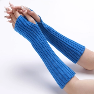 Close-up of Klein blue ribbed knit arm warmers showing thumb hole and texture