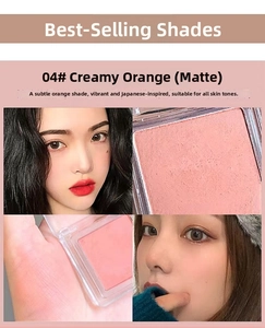 Detail view of matte peach cream blush with square acrylic case and arm swatches