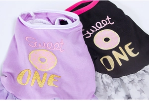 Detailed view of the Sweet One donut print on these mesh tutu dresses for small dogs