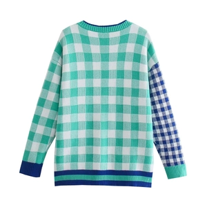 Women's color block checkerboard knit sweater with green and blue patterns
