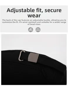 Detail of adjustable metal buckle and fabric strap on the back of the black military cap