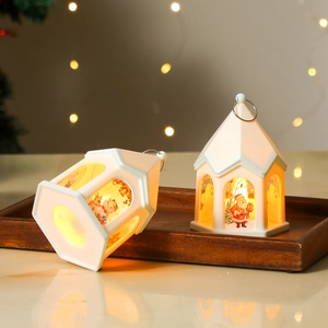 Retro Christmas lantern night light with Santa and snowman patterns and metal ring