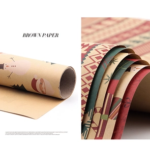Detail of Christmas brown kraft wrapping paper with Santa, snowman and snowflake patterns