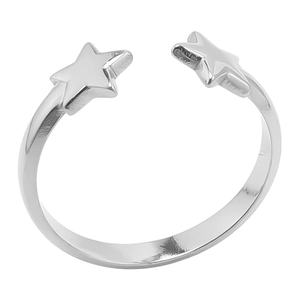 Detail of adjustable silver stainless steel ring with minimalist double star design