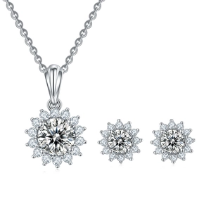Sparkling moissanite sunflower jewelry set including silver necklace and stud earrings