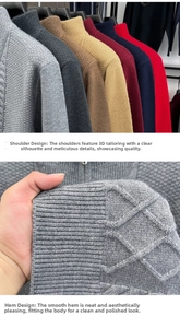 Details verschiedener Strickpullover-Farben und gerippter Saum mit Rautenmuster-Stickerei