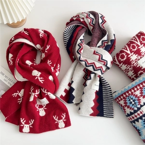 Winter Knit Scarf Polyester Warm Christmas Reindeer Geometric Pattern Ethnic Style For Men And Women