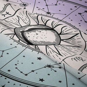 Detail of purple gradient zodiac tapestry showing Virgo symbol and fine star chart texture