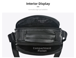 Detailed top view of black leather crossbody bag featuring multiple zipper compartments