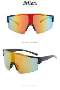 Close-up of black sports sunglasses with yellow splatter frame and red gradient lens