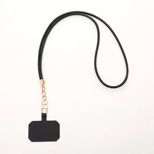 Minimalist black leather neck strap for phone with gold metal chain and rectangular patch
