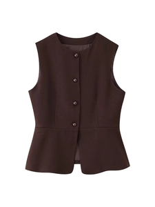 Detail of dark brown peplum vest top with round neck and four-button closure design