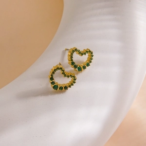 Luxurious 14K gold plated heart stud earrings set with sparkling green crystals