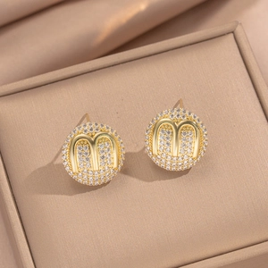 Luxurious 18K gold plated M-letter stud earrings with sparkling cubic zirconia pavé