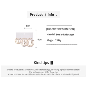 Detailed size specifications for a 10-piece set of gold hoop earrings with pearls