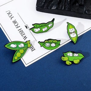 Set of five creative green pea pod enamel pins with cute white cats in alloy finish