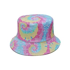 Detail of colorful spiral tie-dye pattern and multi-row stitching on the sun hat brim