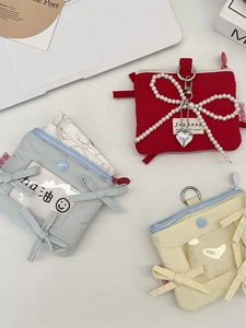 Bow card holder set in red, blue, and beige with pearl charms and transparent PVC slot