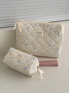 Set de trousses de maquillage en velours côtelé fleuri jaune avec texture matelassée